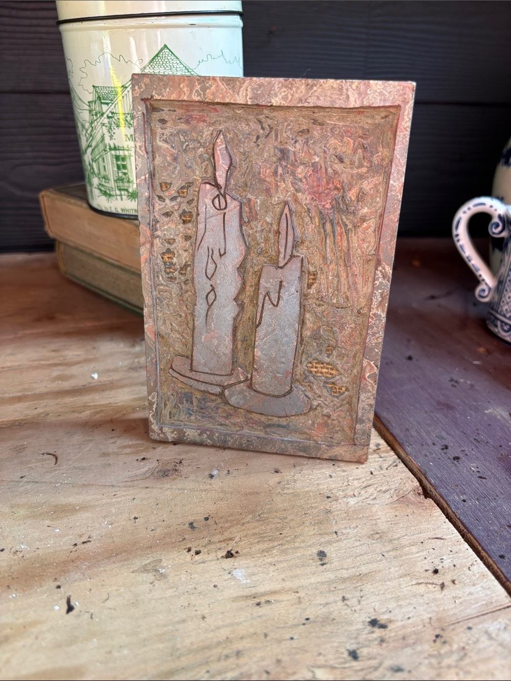 Handmade Carved Candle Relief Plaque - Rustic Copper-Toned Décor